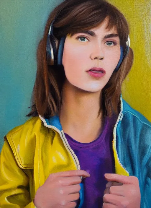 Prompt: young adult woman in a coffee shop wearing bright yellow headphones and a leather jacket looking unamused, natural light, oil painting