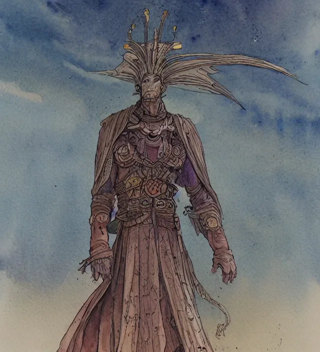 Image similar to a 3 / 4 view watercolor ink painting of an android shaman / wizard wandering desert bringing miracles in the style of jean giraud in the style of moebius trending on artstation deviantart pinterest detailed realistic hd 8 k high resolution