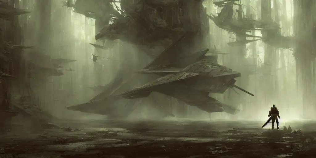 Prompt: a painting of a cinematic keyframe of star wars a destroyed x - wing fighter in dagobah's forest, heavy atmosphere and smoke by greg rutkowski, rule of thirds, golden ratio, ambient lighting, wlop, artgerm, artstation, highly detailed masterpiece, dark fantasy art, high detail, trending on artstation