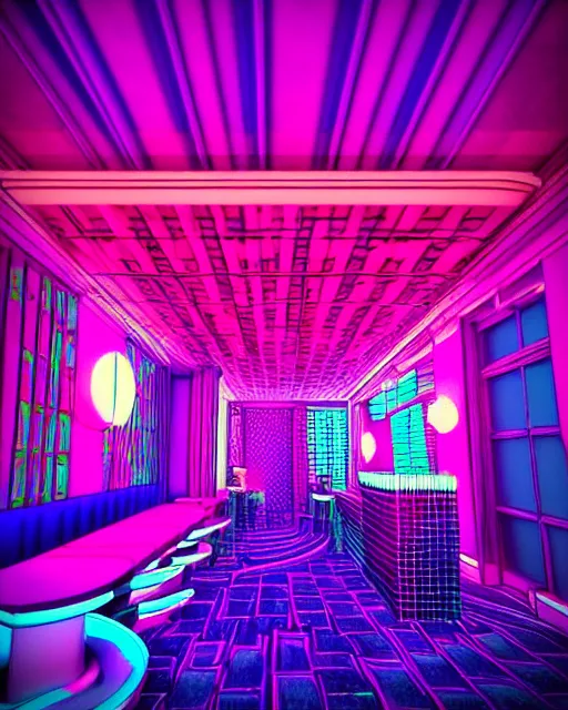 Prompt: synthwave vaporwave maximalist detailed restaurant lofi purple blue retro dreamcore render realistic 3 d by seerlight trending on instagram