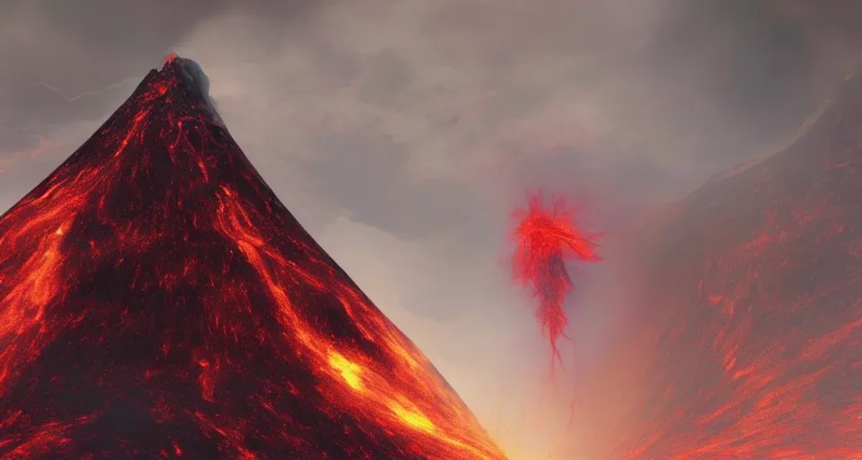 Image similar to a volcano made of ivory vines and crimson rocks enters in eruption, it spits a smoke in the shape of demonic eye, by Pixar Concept Artists