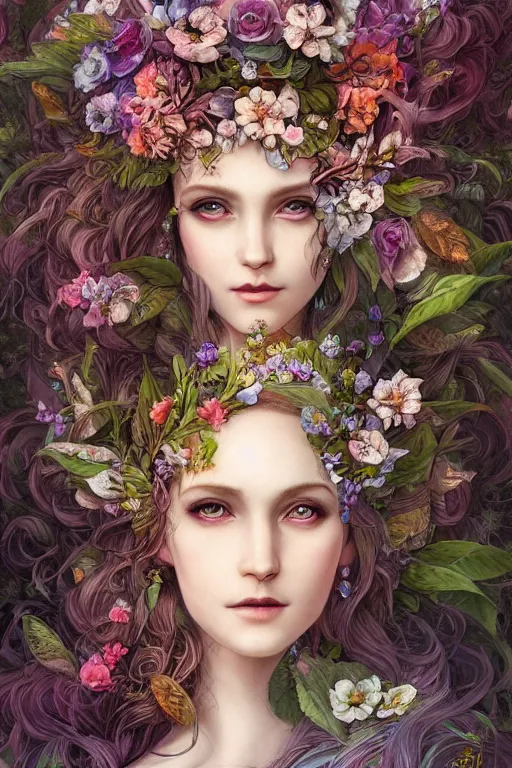 Image similar to a portrait of a beautiful elvish goddess with flowers in her hairs , fairy-like , 8k, highly detailed, sharp focus, ethereal clothes, astral environment, in style of Anna Dittmann and Mark Arial and Artgerm and Gerald Brom