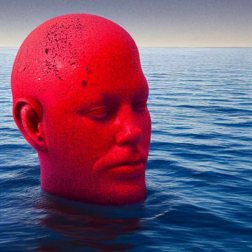 Prompt: a giant human head sculpture in the sea made out of eatable red jelly, in the style of chad knight, long shot, hyper detailed, hyper realistic, ray tracing, 8 k resolution, sharp focus, realistic water, award winning