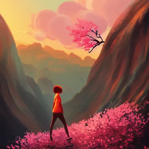 Image similar to giant cherry blossom as a head, girl hiking in a canyon, surreal photography, sunrise, dramatic light, impressionist painting, colorful clouds, digital painting, artstation, simon stalenhag