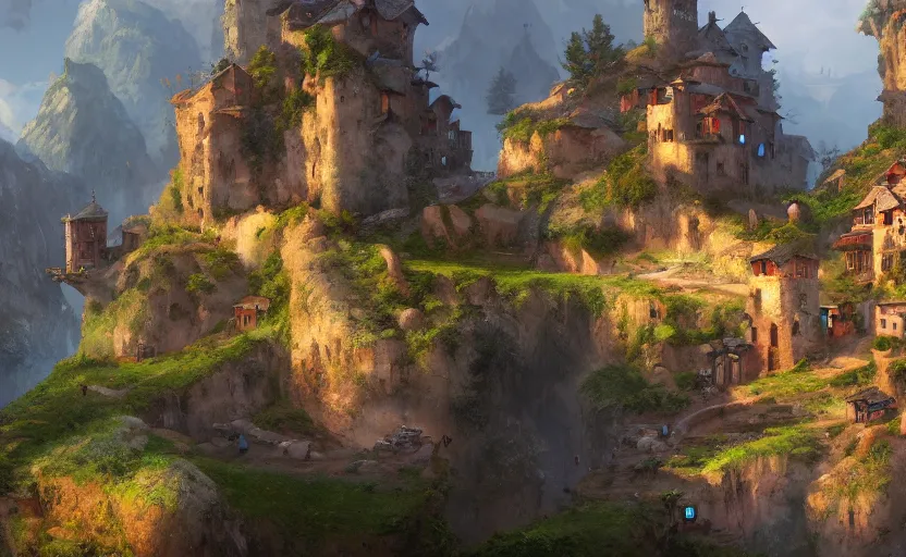 Prompt: A medieval village on the side of a cliff, satisfactory screenshot, 4K HD, artstationhq, digital art, by Jordan Grimmer and Victor Mosquera