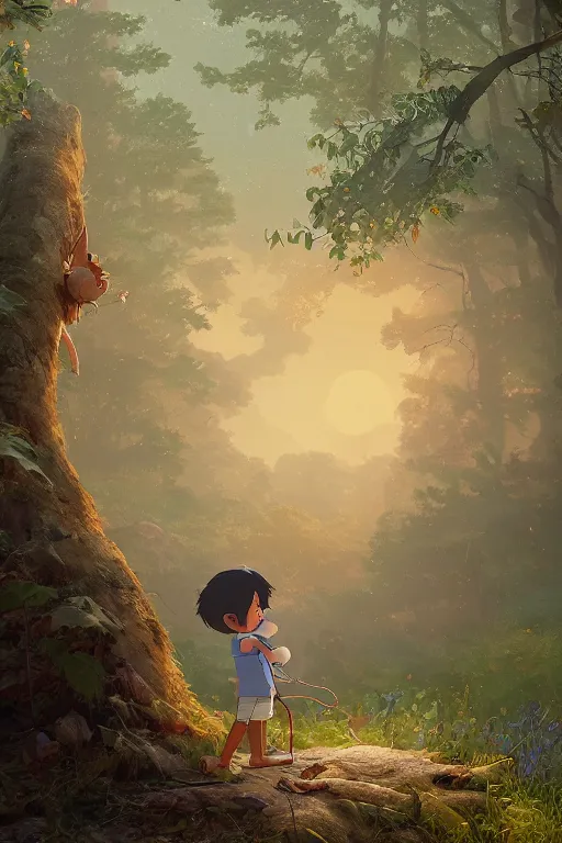 Prompt: a wholesome cottagecore illustration of a cartoon child with his pet rabbit lost in the woods, surrounded by trees with angry faces , studio Ghibli, Pixar and Disney animation, sharp, Rendered in Redshift and Unreal Engine 5 by Greg Rutkowski, Bloom, dramatic lighting, sunrise