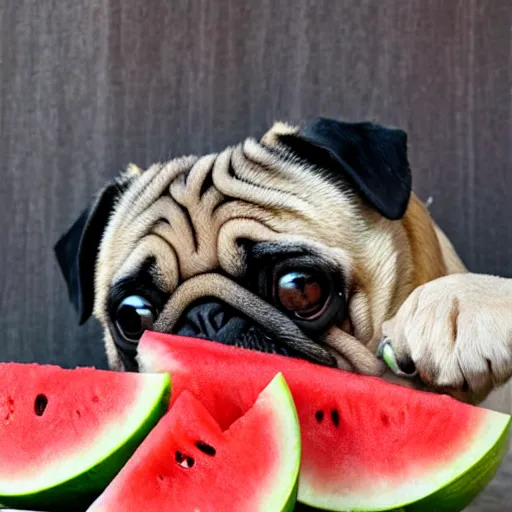 Image similar to pug in heaven eating watermelon in the style of michaelangelo