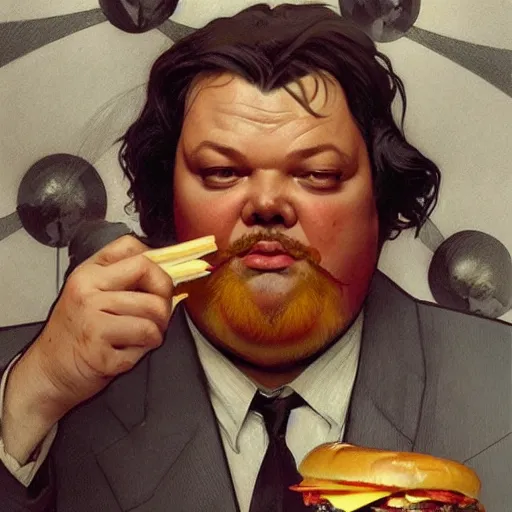 Image similar to amazing lifelike award winning pencil illustration of Orson Welles eating Hamburgers trending on art station artgerm Greg rutkowski alphonse mucha cinematic