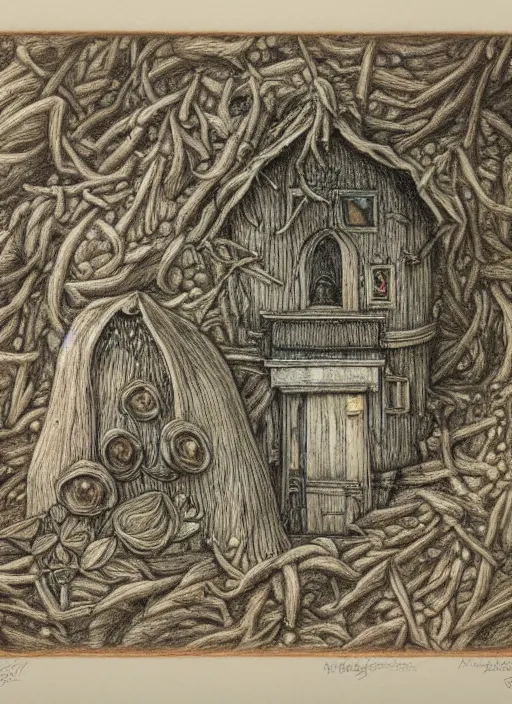 Image similar to a hybrid between a mushroom and a house,, insanely detailed, studio light, gustav dore, colored pencil