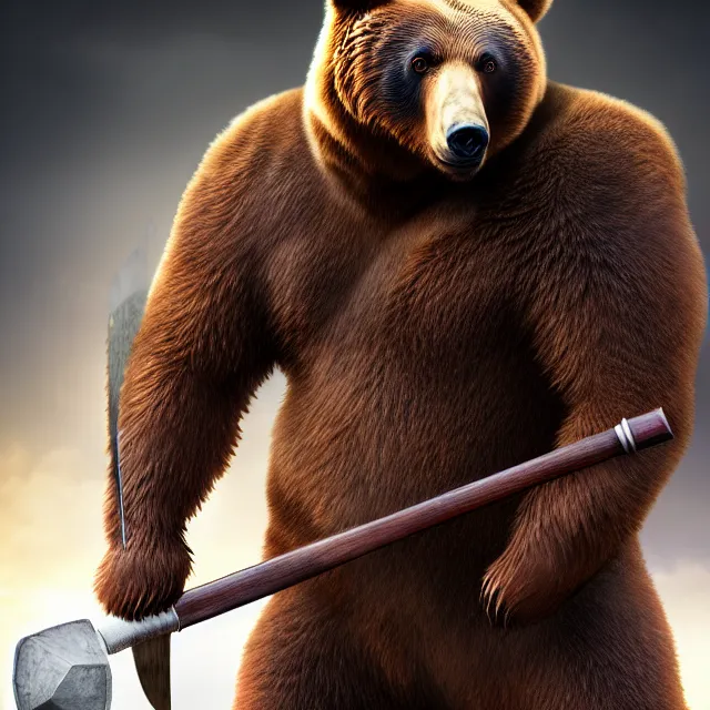 Image similar to bear warrior with a war hammer, artgerm, highly detailed, 8 k, hdr, close up, smooth, sharp focus, high resolution, award - winning photo