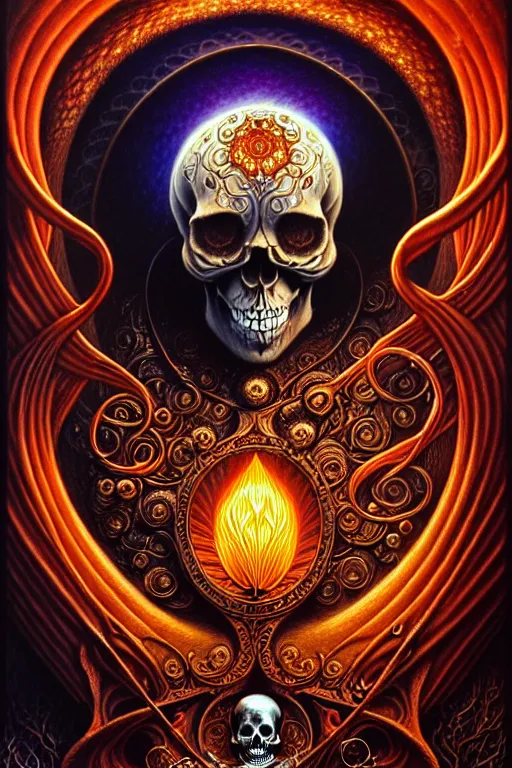 Image similar to A beautiful detailed orixa, tarot card, by tomasz alen kopera and Justin Gerard, symmetrical features, ominous, magical realism, texture, intricate, ornate, royally decorated, skull, skeleton, whirling smoke, embers, red adornements, red torn fabric, radiant colors, fantasy, trending on artstation, volumetric lighting, micro details, 3d sculpture, ray tracing, 8k, anaglyph effect