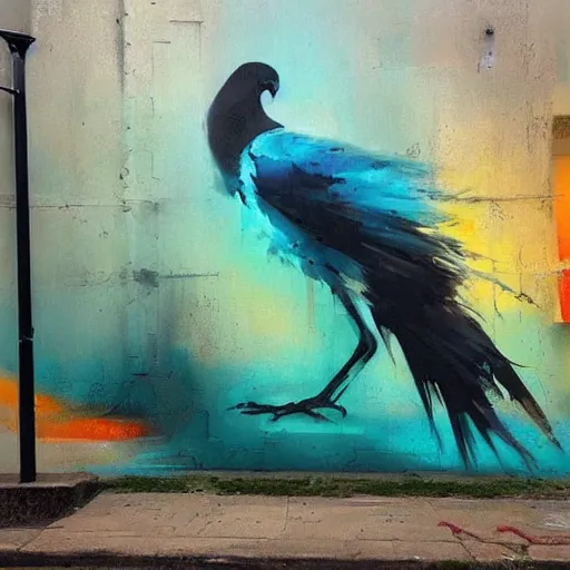 Prompt: A beautiful street art of a large, colorful bird with a long, sweeping tail. The bird is surrounded by swirling lines and geometric shapes in a variety of colors by Jeremy Mann playful, doom