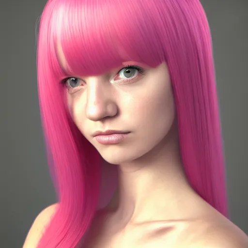 Image similar to A portrait of Nikki from Shining Nikki, a 3d cgi toon young woman with long pink hair, full bangs, hazel amber eyes, full face, light makeup, pale skin, Chinese, medium shot, mid-shot, soft focus, 4k, trending on artstation