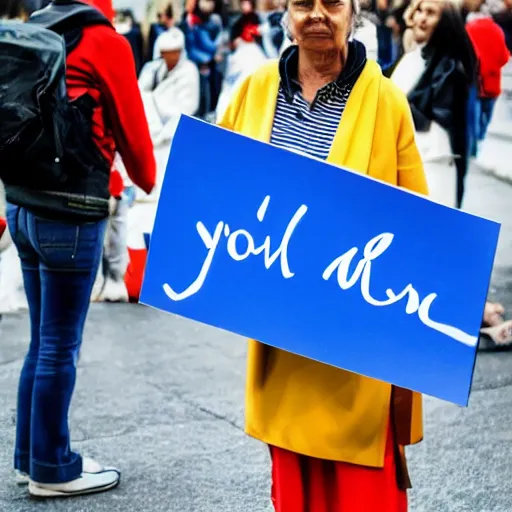 Prompt: A woman holding a sign that says