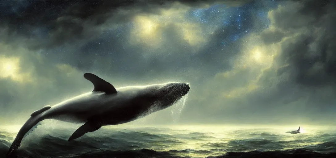 Prompt: a lonely whale flying above the sea, cosmic starry sky, concept art, trending on artstation, soft lightning by andreas achenbach, artgerm, mikko lagerstedt, zack snyder, tokujin yoshioka