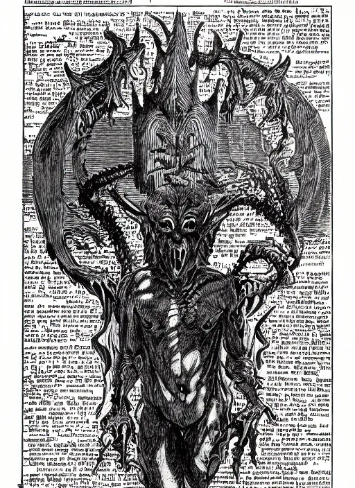 Prompt: a full page scan of detailed vintage illustrated instructions on how to decapitate a demon, handwritten, spells, intricate writing, satanic, evil, grimoire page, necronomicon style