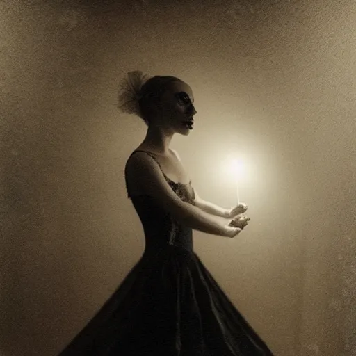 Image similar to dark ballerina, emil melmoth, portrait, concept art, deviantart, dark, 3 5 mm, chiaroscuro, surrealist, victorian, mist, dark, dancing in an empty room