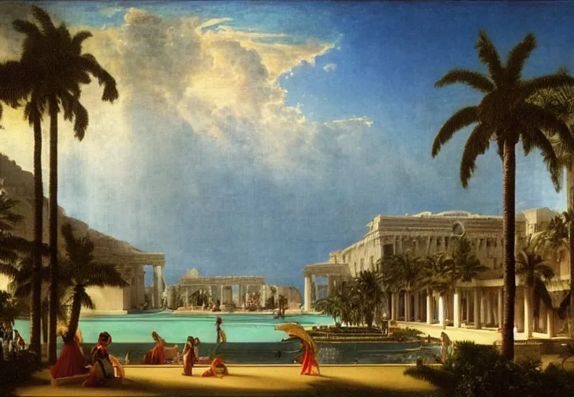 Prompt: The biggest palace ever made, thunderstorm, greek pool, beach and palm trees on the background major arcana sky, by paul delaroche, hyperrealistic 8k, very detailed