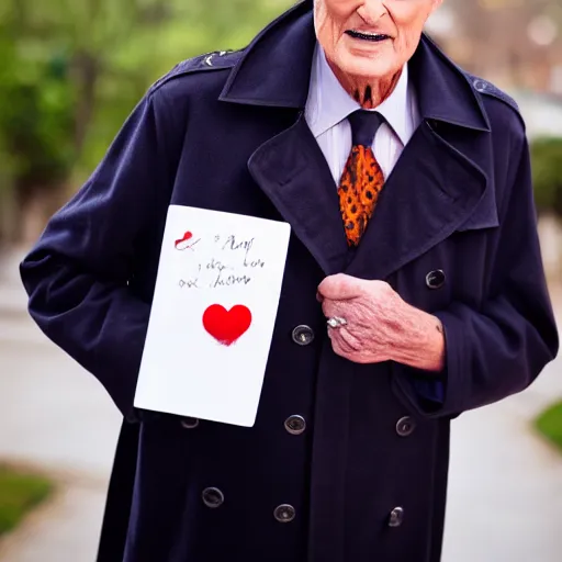 Image similar to robert stack wearing a trench coat unsolved mysteries holding a valentines card, ( sony a 7 r iv, symmetric balance, polarizing filter, photolab, lightroom, 4 k, dolby vision, photography awardm, voque, perfect face )