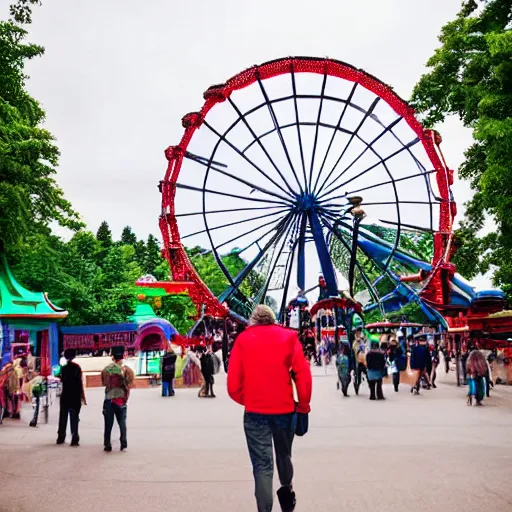 Image similar to a man walks trough a amusement park