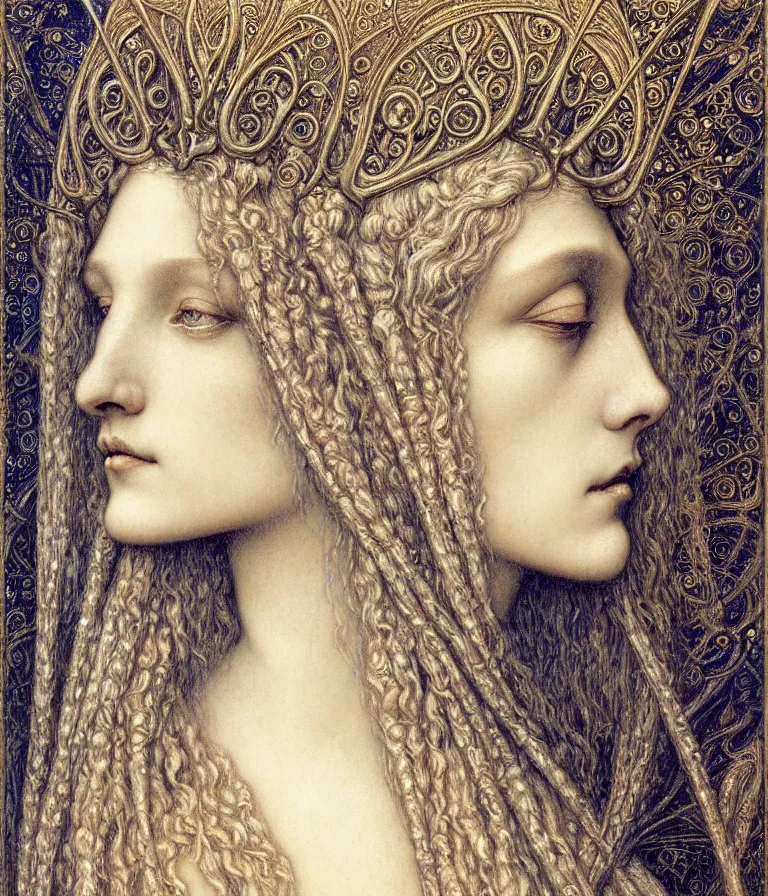 Image similar to detailed realistic beautiful young medieval queen face portrait by jean delville, gustave dore and marco mazzoni, art nouveau, symbolist, visionary, gothic, pre - raphaelite. horizontal symmetry