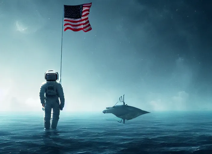 Image similar to astronaut holding a flag in an underwater desert. a submarine is visible in the distance. dark, concept art, cinematic, dramatic, atmospheric, 8 k, trending on artstation, blue, fish, low visibility, fog, ocean floor, christopher nolan, interstellar