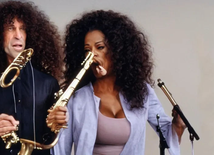 Prompt: film still of Kenny G and Oprah performing in the new Spinaltap movie, 4k