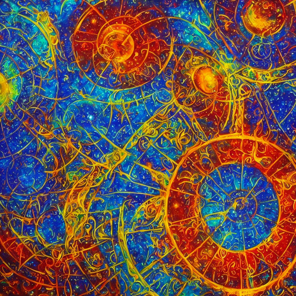 Image similar to great wheel cosmology divine realms celestial and infernal essence lunar mythos solar mythos, award winning painting, brilliant color palette