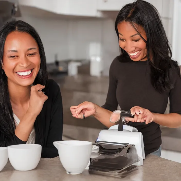 Image similar to a woman that is extremely happy about a young woman receiving her new bagel slicer from the future in the mail from amazon, 8 k,