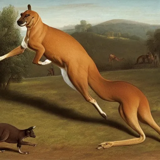 Image similar to a boerboel chasing a kangaroo, detailed, by george stubbs