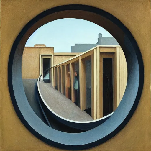 Image similar to first person view of a stark concrete maze, people peering into portholes, grant wood, pj crook, edward hopper, oil on canvas