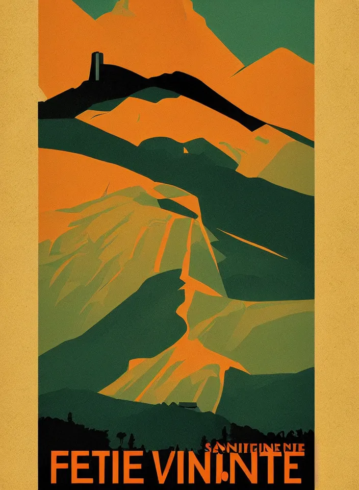 Prompt: montagne sainte victoire minimalist travel poster old pulp retro futurism vibrant
