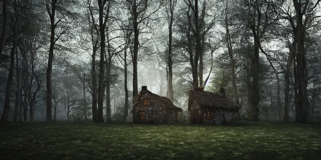 Prompt: solitary cottage in the woods and empty woods, 8k, fantasy, hyper realistic, atmospheric lighting