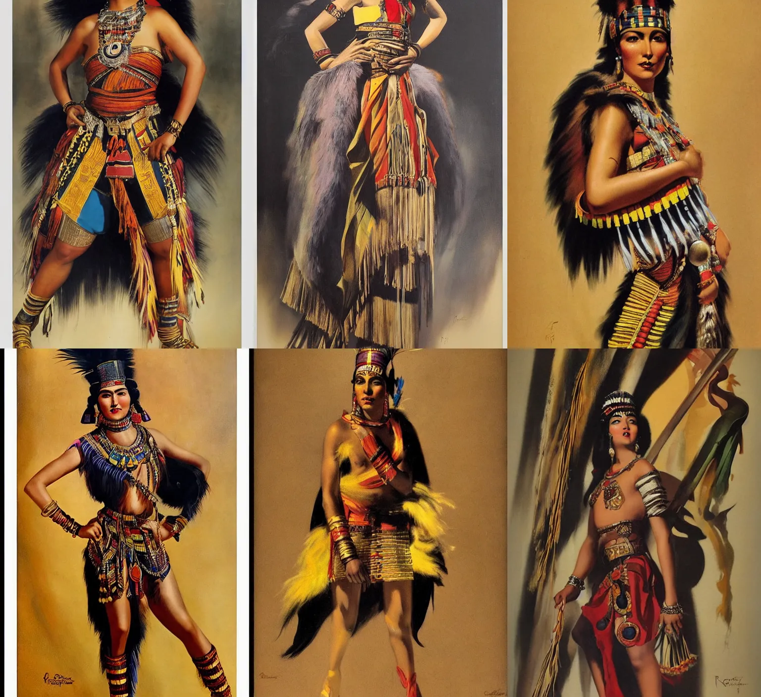 Prompt: portrait of a inca by Rolf Armstrong ,full body shot, epic composition