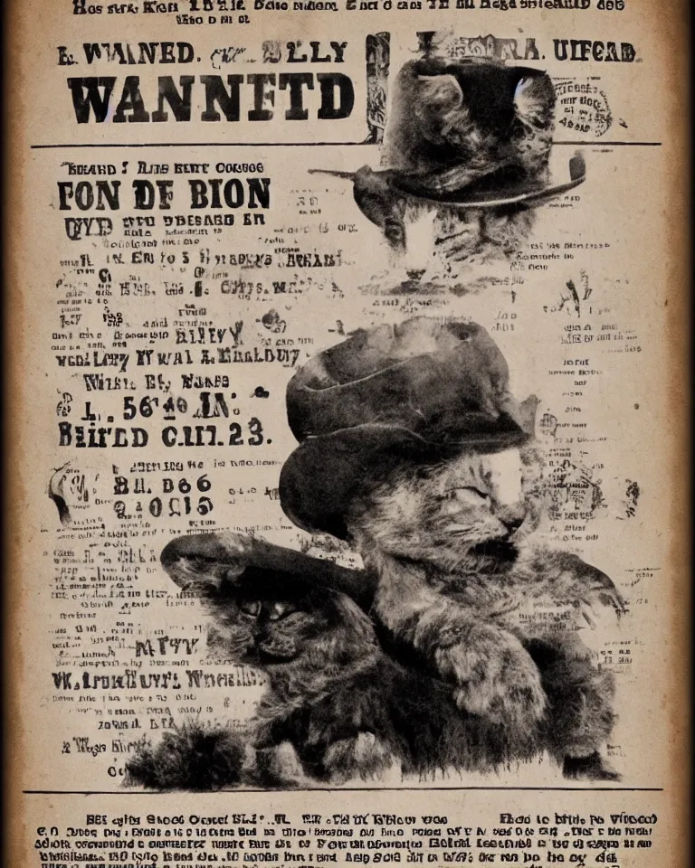 Image similar to 1865 wanted poster Wanted $1000 Reward kitten in cowboy hat Billy the Kit