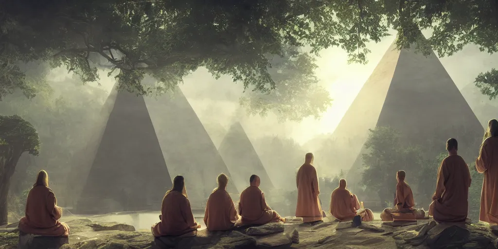 Prompt: a group of ancient sacred religious cult in robes studying in a bustling sci fi city with a large pyramid in its center built in a temperate forest with giant trees near a beach, highly detailed, intricate, digital painting, trending on artstation, concept art, matte painting, art by greg rutkwowski, craig mullins, octane render, 8 k, unreal engine