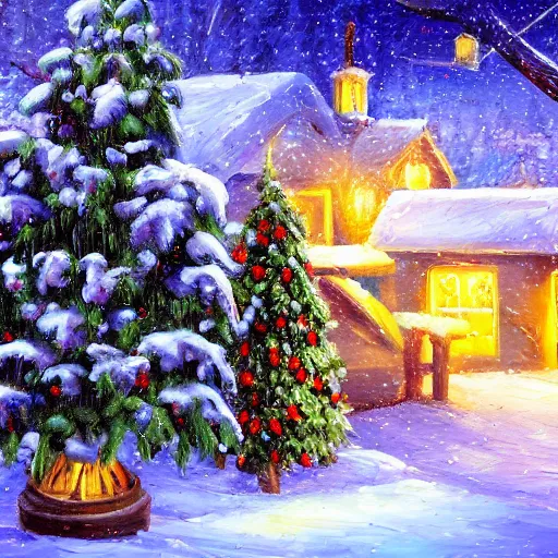 Image similar to detailed 4k oil painting winter landscape with snow and christmas trees with glowing lights and bulb ornaments