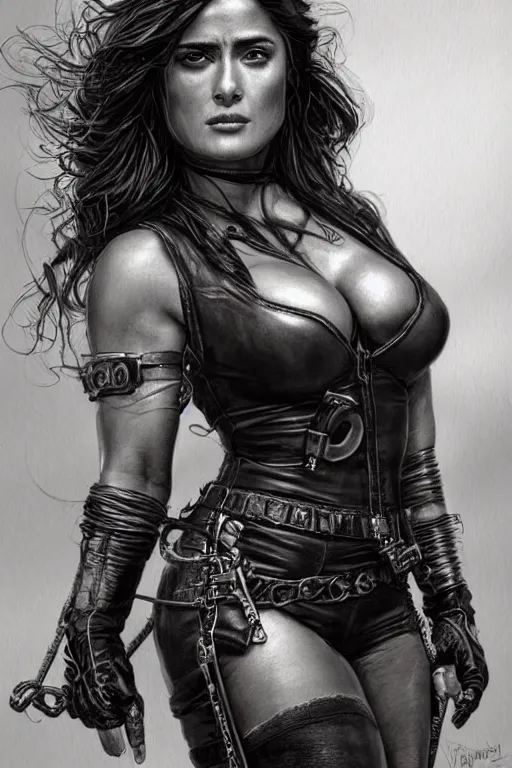 Prompt: muscled Salma Hayek as a ruggedly handsome heroine , dressed in biker leather , mad max , intricate, elegant, highly detailed, centered, digital painting, artstation, concept art, smooth, sharp focus, illustration, art by artgerm and donato giancola and Joseph Christian Leyendecker, Ross Tran, WLOP