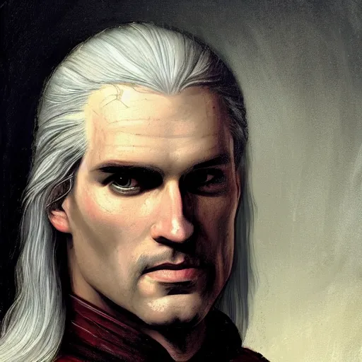 Image similar to a renaissance style portrait painting of Geralt de Rivia