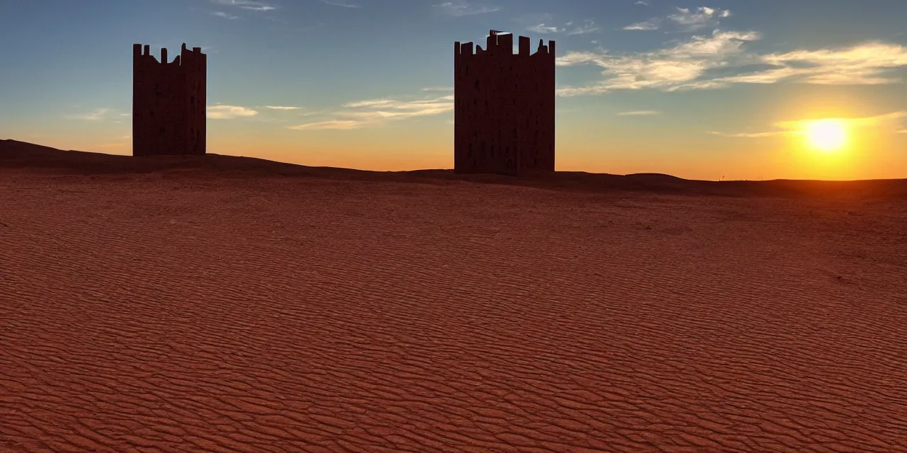 Image similar to sunset on a desert, eldritch tower in the middle distance, green tinged sky with a red sun