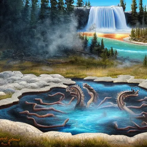 Image similar to dragon sitting in a hotspring at yellowstone national park, highly detailed oil painting, featured on artstation