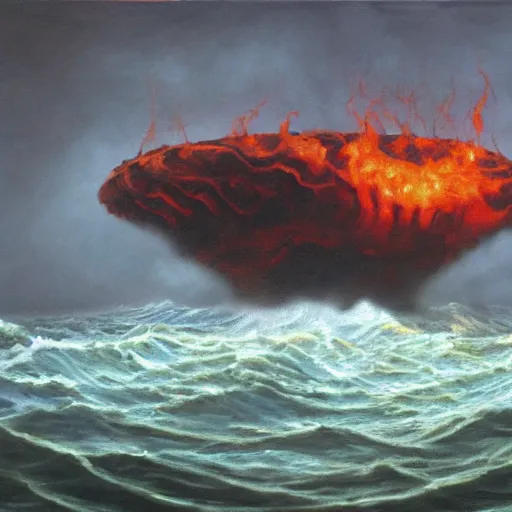 Image similar to moloch oil painting in the ocean of hell