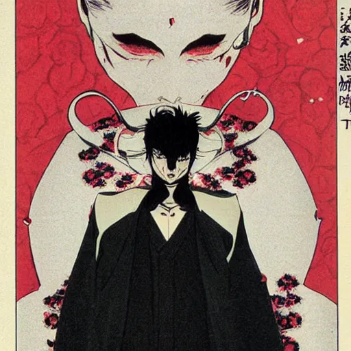 Image similar to symmetrical alain delon as a vampire, style of takato yamamoto lots of flowers