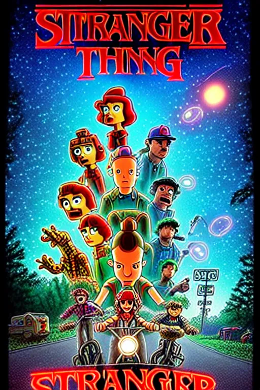 Prompt: animated version of Futurama Stranger Things poster by Matt Groening, cartoon, detailed faces, high resolution, hyper detailed, intricate, illustrated, dramatic lighting !n-9