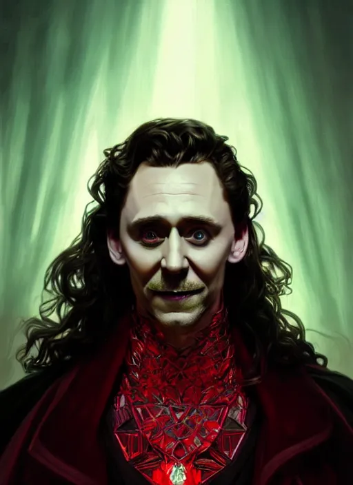 Image similar to portrait of tom hiddleston as a vampire lord, crimson peek, jewelry, greek, emerald, intricate, headshot, highly detailed, digital painting, artstation, concept art, sharp focus, cinematic lighting, illustration, art by artgerm and greg rutkowski, alphonse mucha, cgsociety