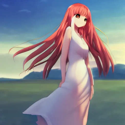 Prompt: beautiful anime girl in a long white dress on a beach. Red hair, dramatic lighting, trending on artstation. Pixiv, Yuru camp, manga cover