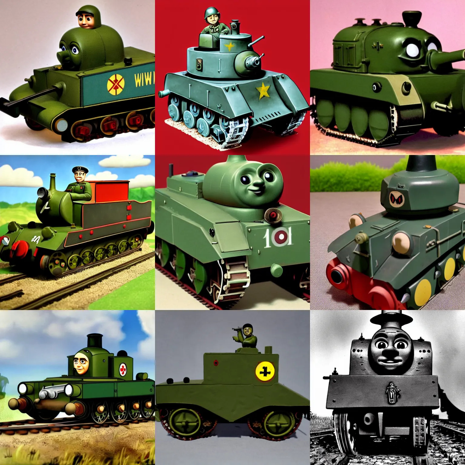 Prompt: an anthropomorphised panzer world war two tank with a face, by wilbert awdry in the art style of thomas the tank engine