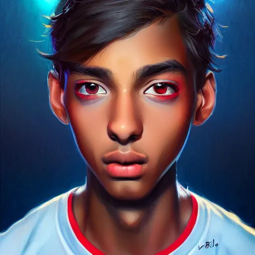 Image similar to colorful and festive captivating teenager with straight brown hair covering his eye, dark skin, big lips, big eyes, wearing a red t - shirt. rich vivid colors, ambient lighting, dynamic lighting, 4 k, atmospheric lighting, painted, intricate, highly detailed by charlie bowater