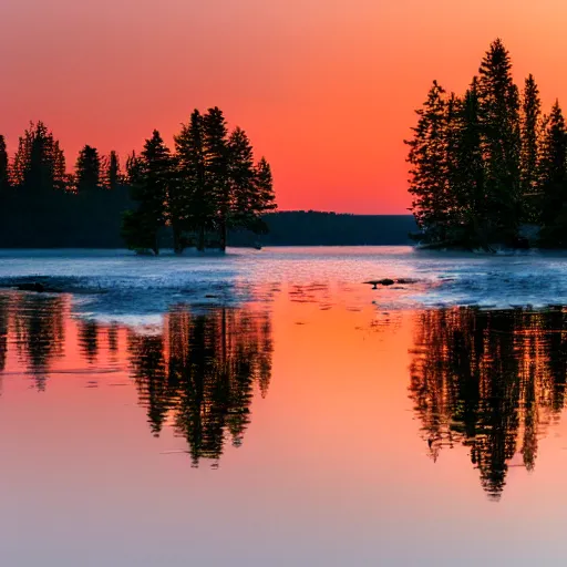 Image similar to 4k UHD photograph sunrise reflected from lake with trees on distant shore and a sailboat