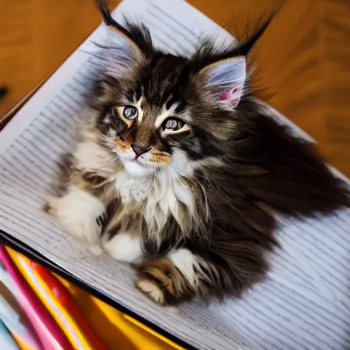 Image similar to shot from above, a super cute maine coon kitten ate my homework and got smart, hilarious, funny, back to school comedy, 3 d, octane, cinematic movie still, 8 k, 4 k, imax 7 0 mm, hdr,